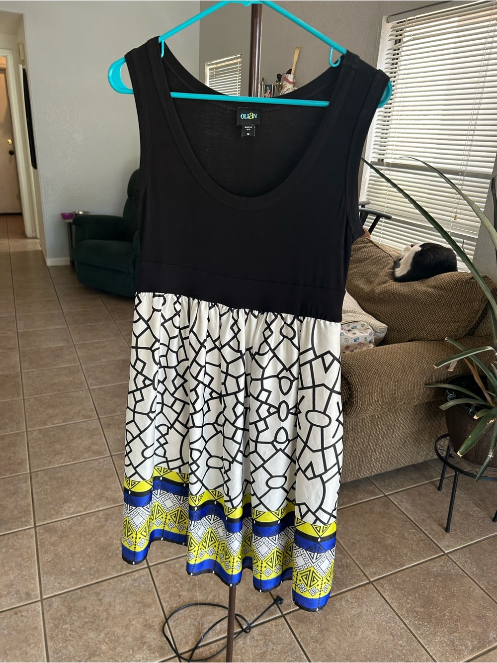 Olian Black, White, Blue & Yellow Patterned Sleeveless Dress